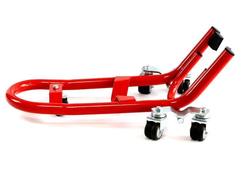 Bean's Moto Booth Liou Stand™ motorcycle paddock stand dolly mover supporting and lifting a motorcycle for maintenance and storage.