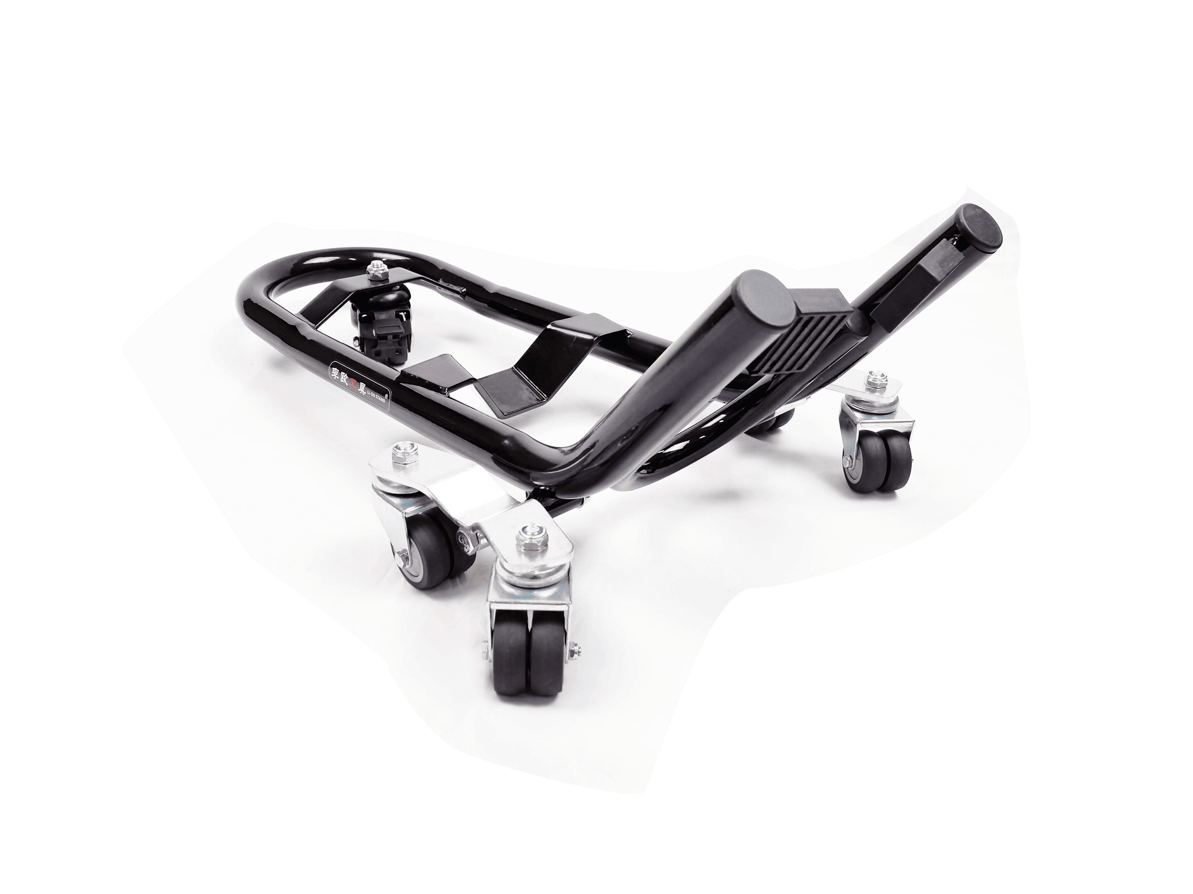 Bean's Moto Booth Liou Stand™ motorcycle paddock stand dolly mover supporting and lifting motorcycles for easy maintenance and storage.