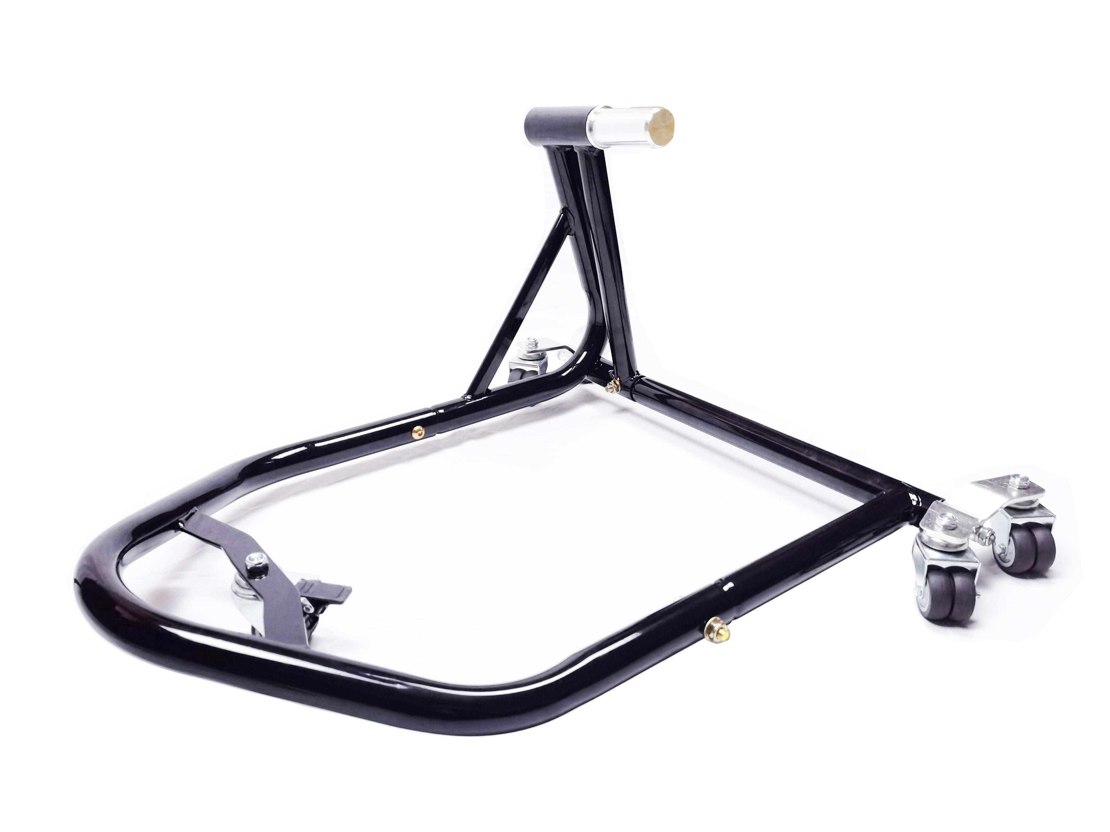 Bean's Moto Booth Liou Stand™ motorcycle paddock stand dolly mover supporting and lifting motorcycles for maintenance and storage.
