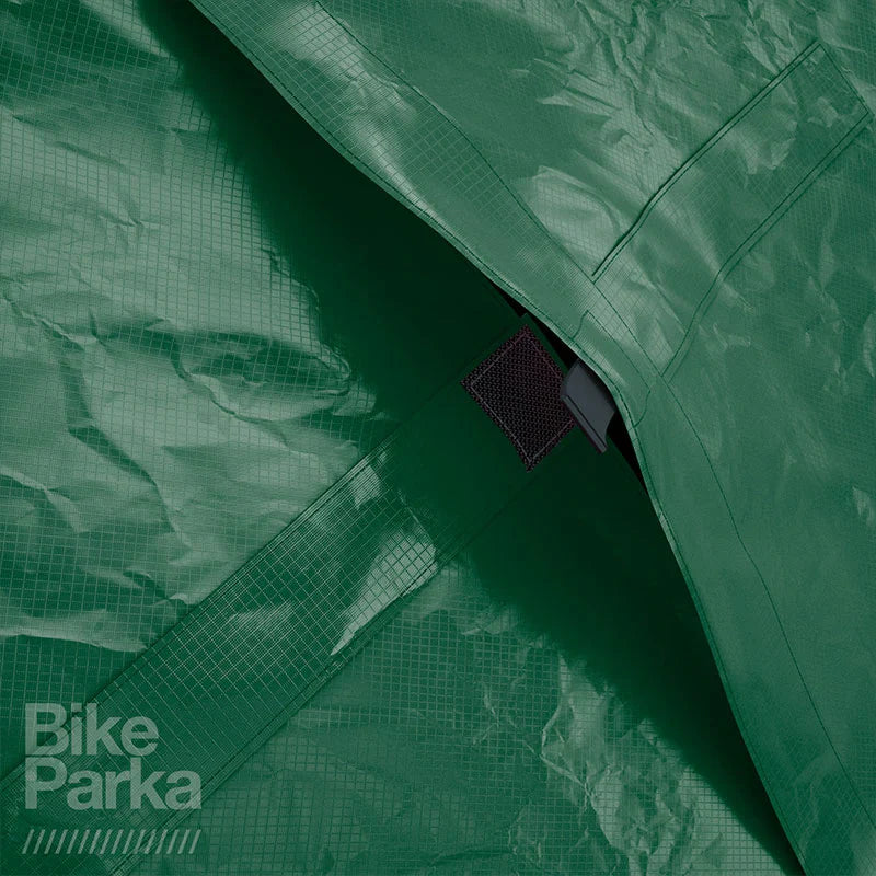ZEITBIKE BikeParka cargo bicycle cover in lock-forest-green, made for protecting bikes from weather and dust.