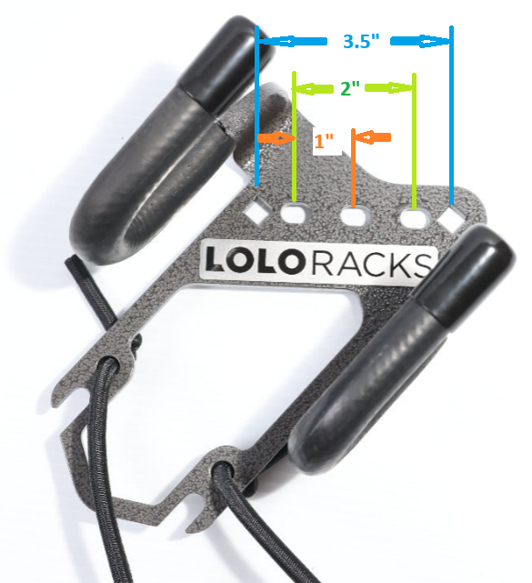 Lolo Racks L-track compatible single bike carrier DIY rack accessory, showing dimensions and fitting details.