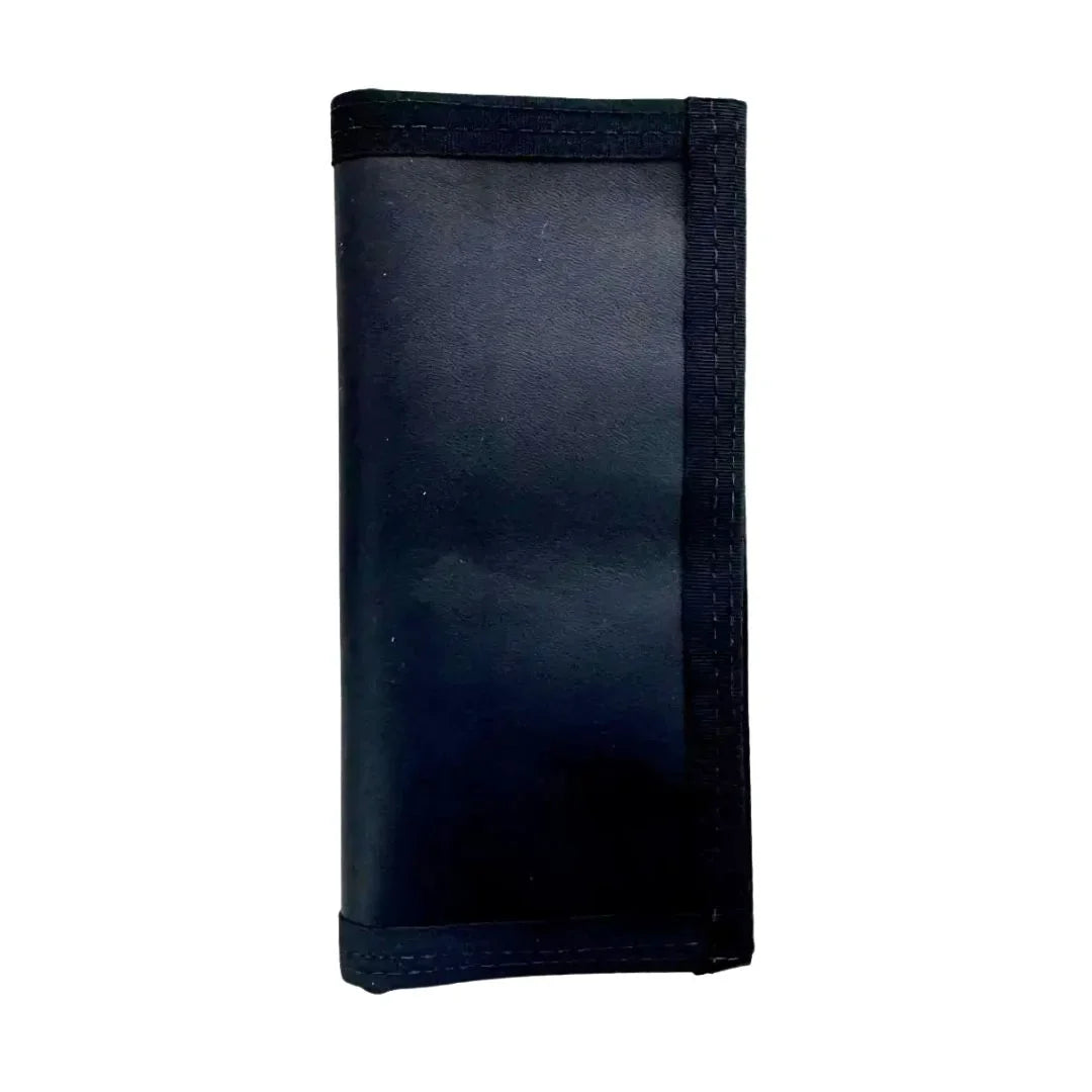 Recycled Firefighter black leather long wallet with no-snap closure, featuring multiple card slots and a spacious cash compartment.