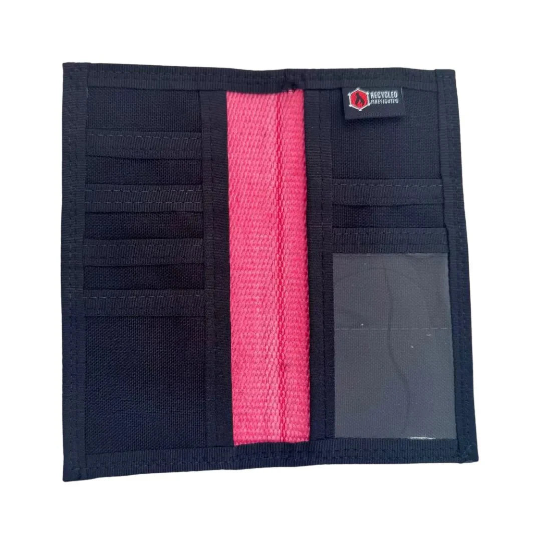 Recycled Firefighter long wallet with no-snap design in red hose pattern, showcasing durable eco-friendly leather and sleek style.