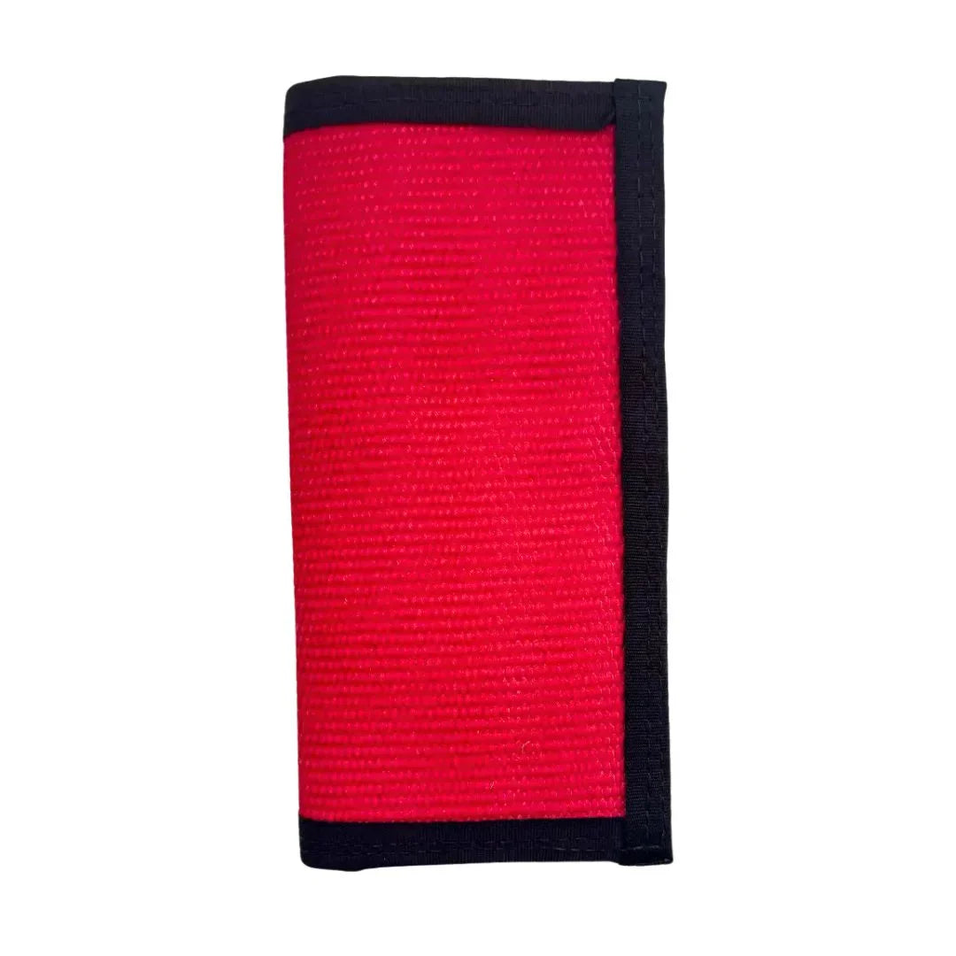 Recycled Firefighter long wallet no-snap edition in red hose design, made from recycled materials, showcasing a slim, durable wallet.