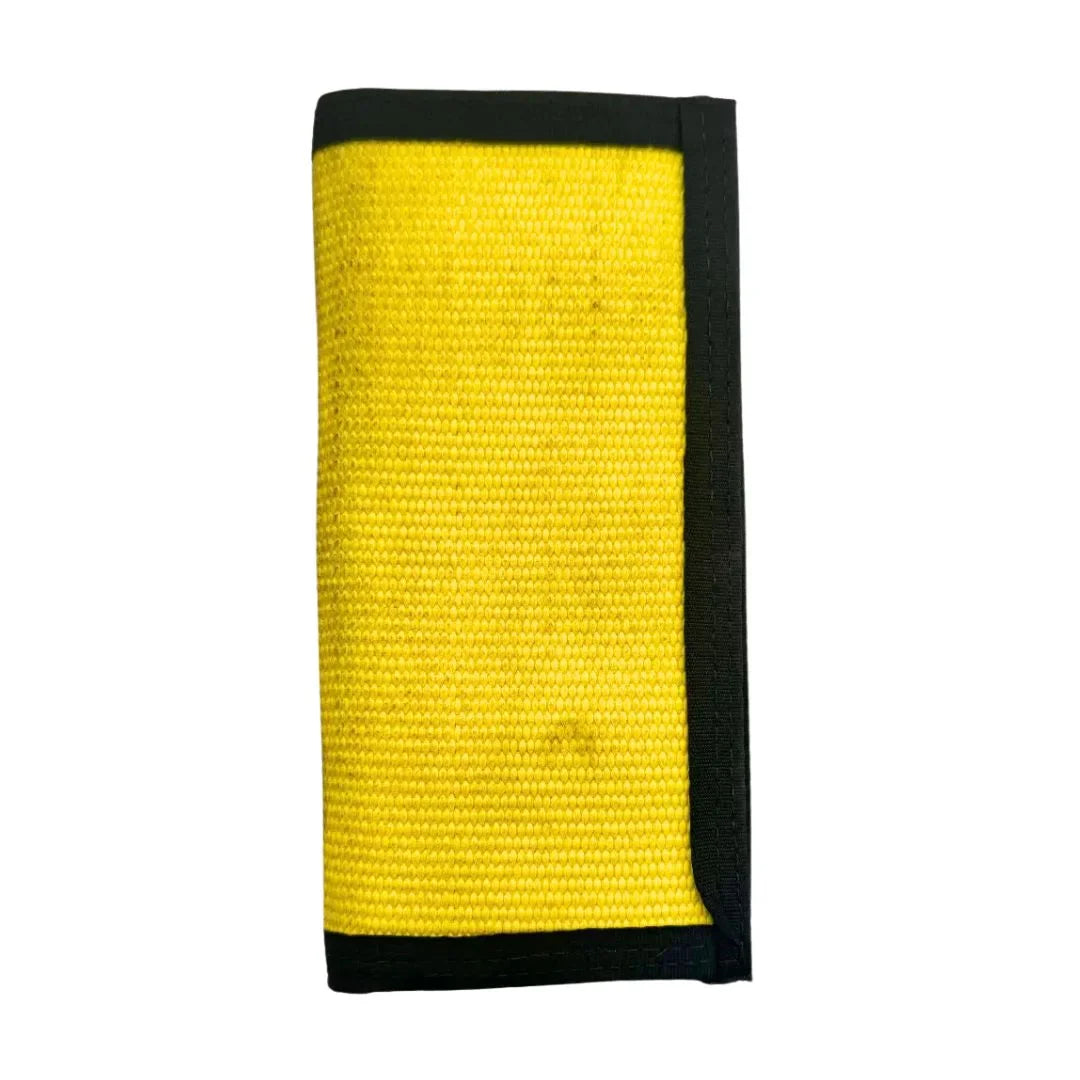 Recycled Firefighter long wallet no-snap edition in vibrant yellow hose design, made from recycled materials, showcasing durable craftsmanship.