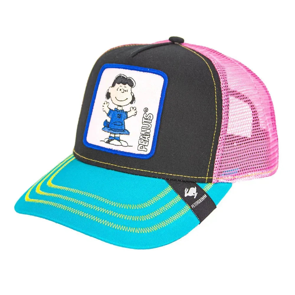 Pink Peter Grimm Peanuts Lucy trucker cap featuring adjustable snapback and classic embroidered Peanuts Lucy design.