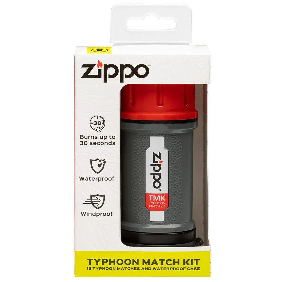 Zippo Typhoon Match Kit with waterproof case, featuring matches and survival tools for outdoor adventures.