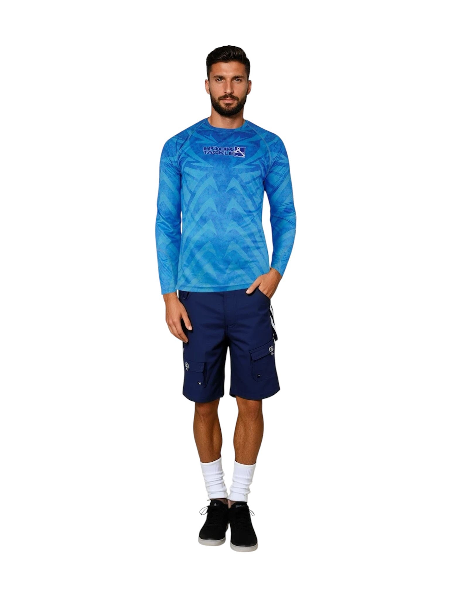 Men's Hook & Tackle Armor long sleeve UV fishing shirt in light color with sun protection features.