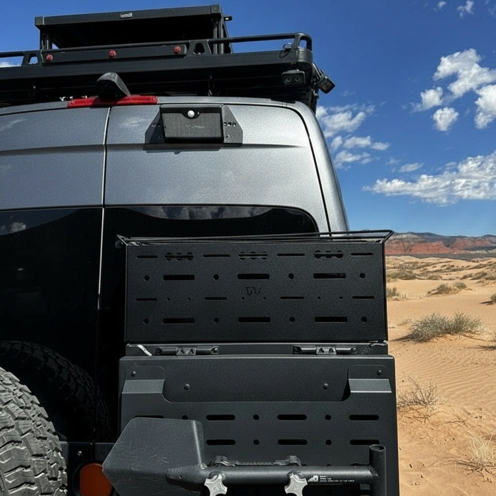 Rear door gear storage box by Canyon Adventure Vans, made in Utah, designed for organizing gear in adventure vans.