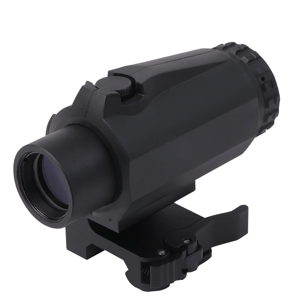 SFT2 Tactical Dragoon 3x magnifier mounted on a firearm with a clear view of the lens and mounting system.