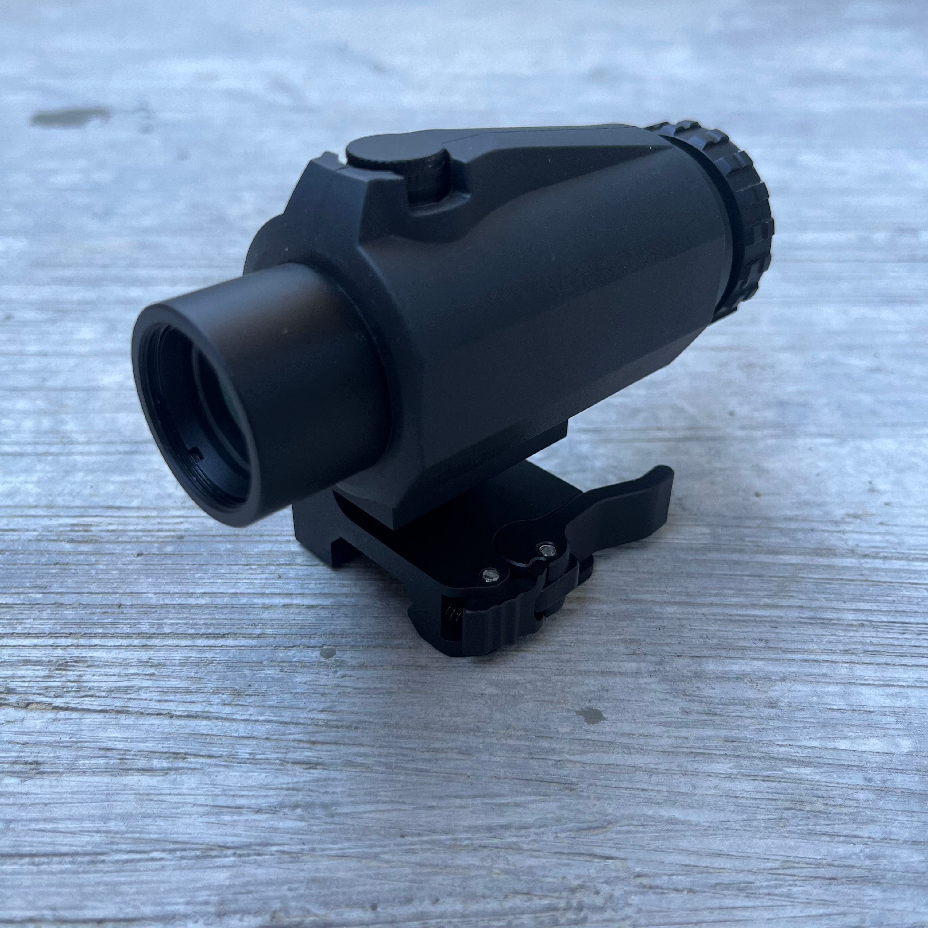 SFT2 Tactical Dragoon 3x Magnifier mounted on a rifle scope, enhancing target clarity with high-quality magnification.