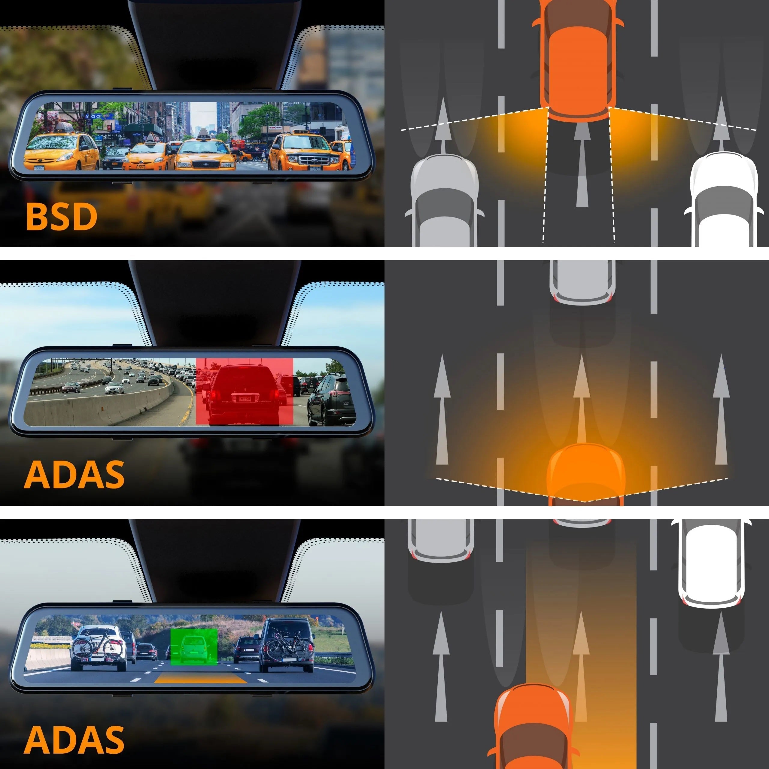 Rexing M1 Pro 2K Dual Mirror Dash Cam showing front and rear cameras mounted inside a vehicle.