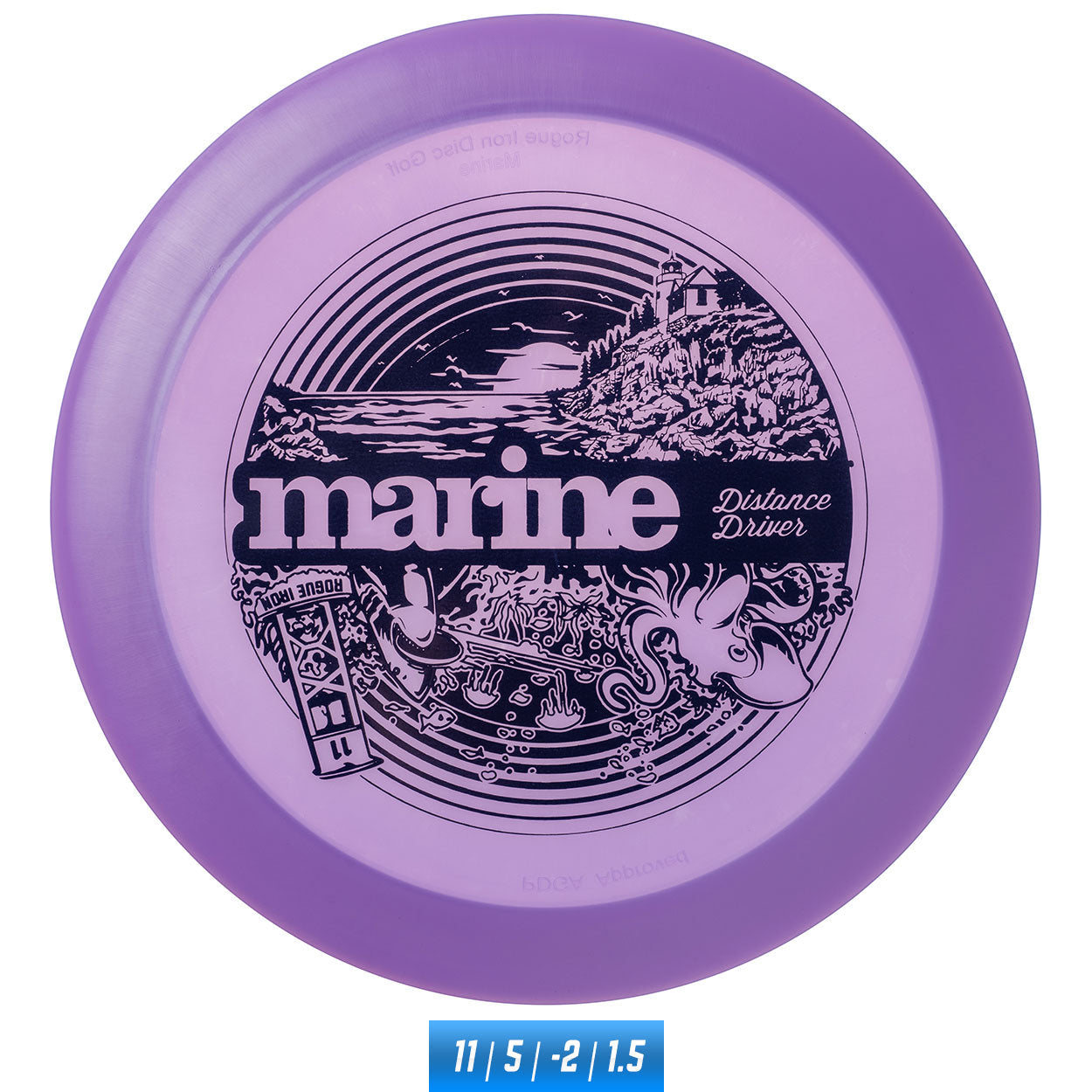 Rogue Iron Disc Golf marine disc featuring vibrant colors and a sleek design, perfect for disc golf enthusiasts.