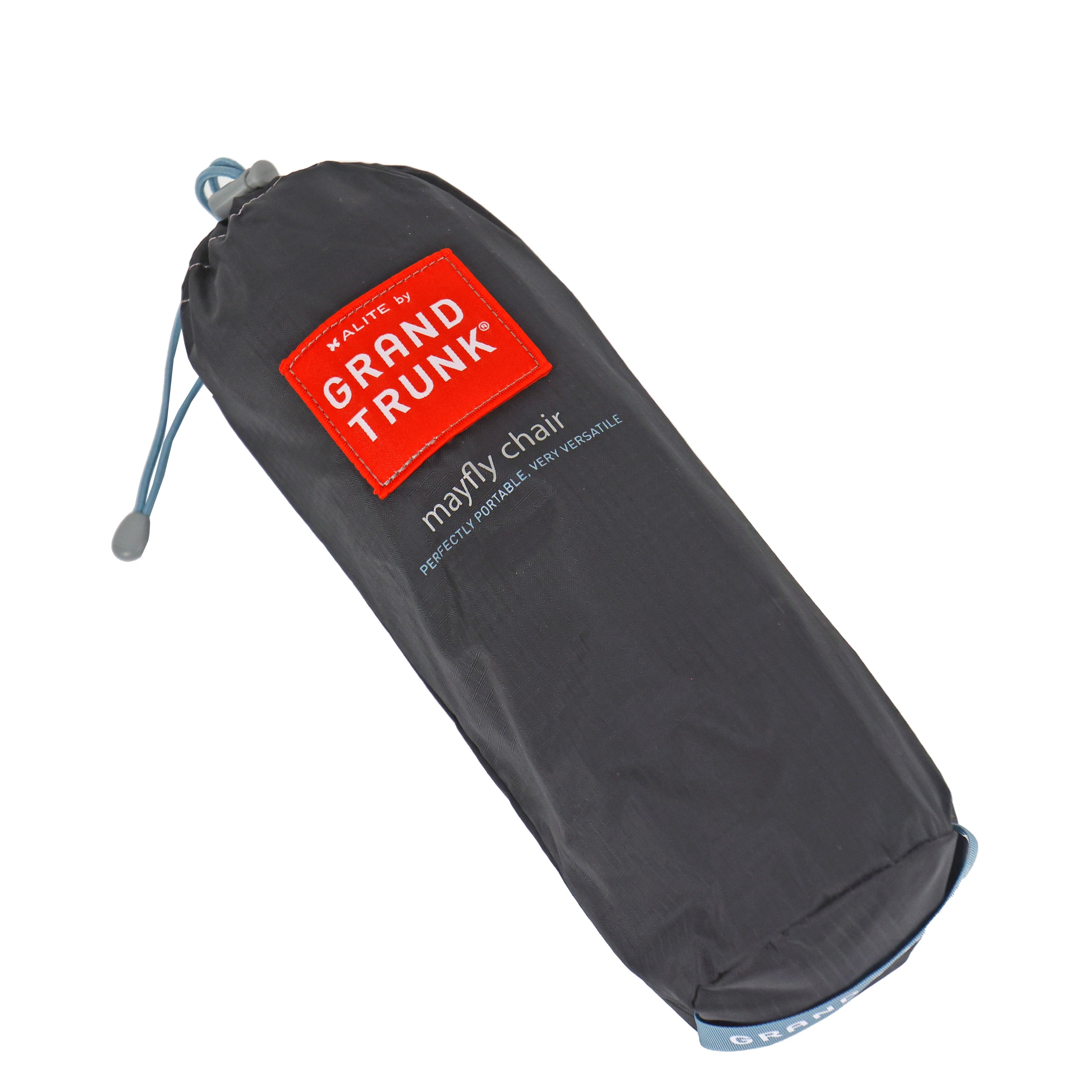 Black Mayfly Low Ground Collapsible Chair by GrandTrunk, shown folded and partially open for easy portability and outdoor comfort.
