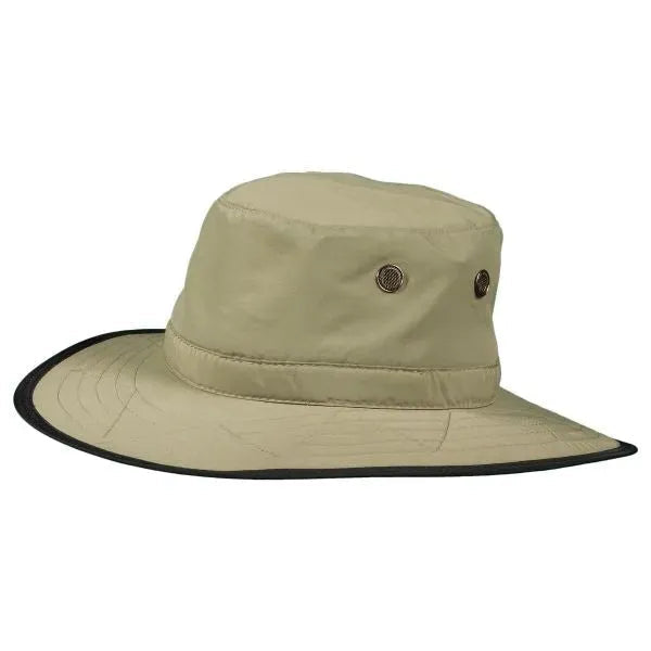 Fossil-colored Dorfman Pacific Clear Creek UPF 50+ bucket sun hat with wide brim and chin strap for sun protection.