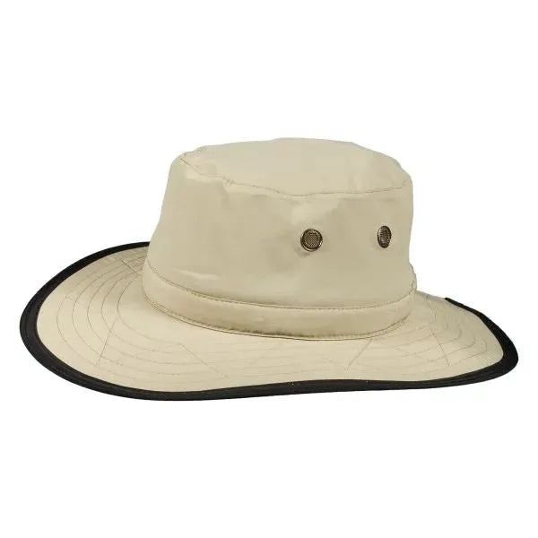 Khaki Dorfman Pacific Clear Creek UPF 50+ bucket sun hat, headwear with wide brim for sun protection, shown from the side.