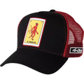 Larry Mahan's La Loteria El Diablito black and red trucker cap with mesh back and flat brim, stylish headwear from HatCountry.