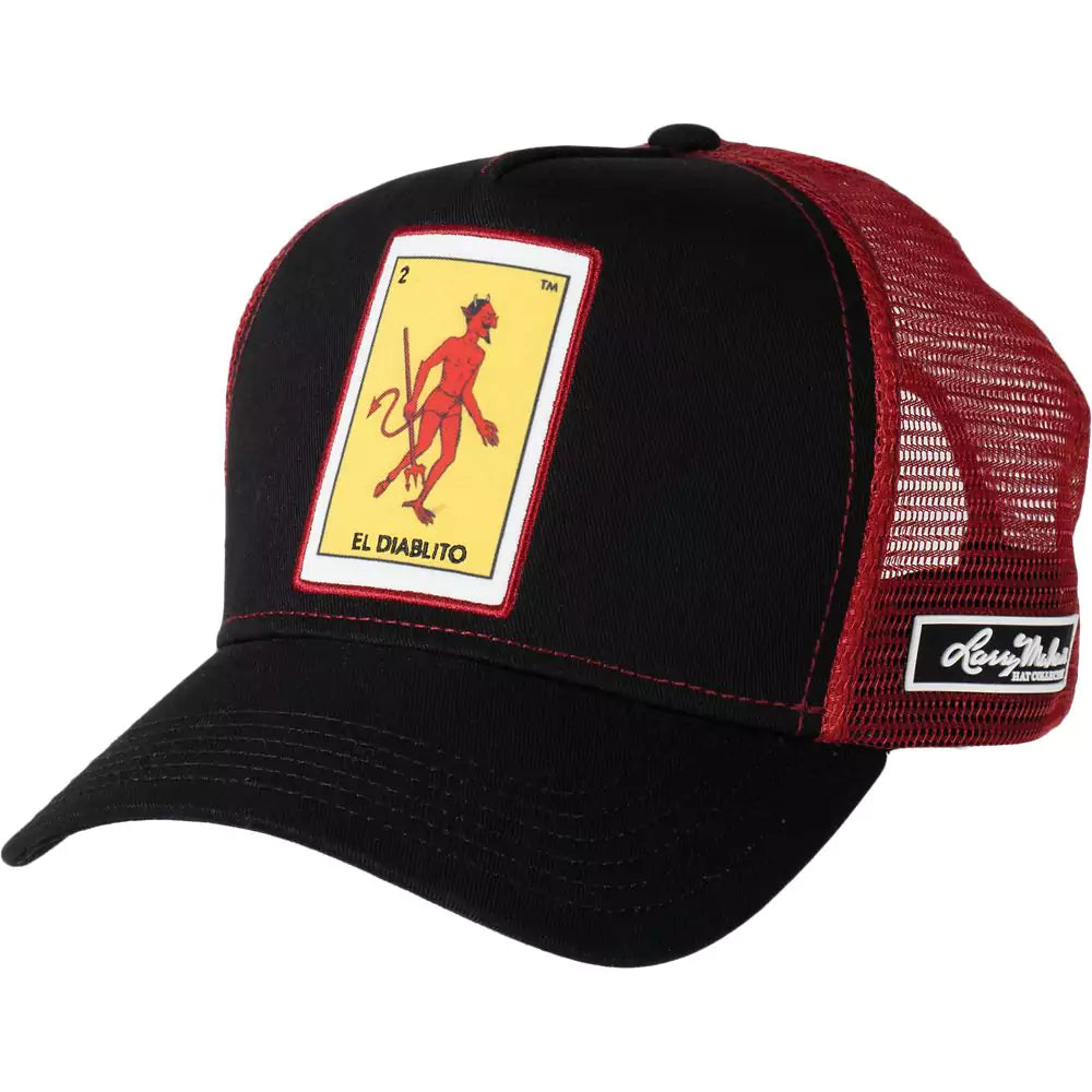 Larry Mahan's La Loteria El Diablito black and red trucker cap with mesh back and flat brim, stylish headwear from HatCountry.