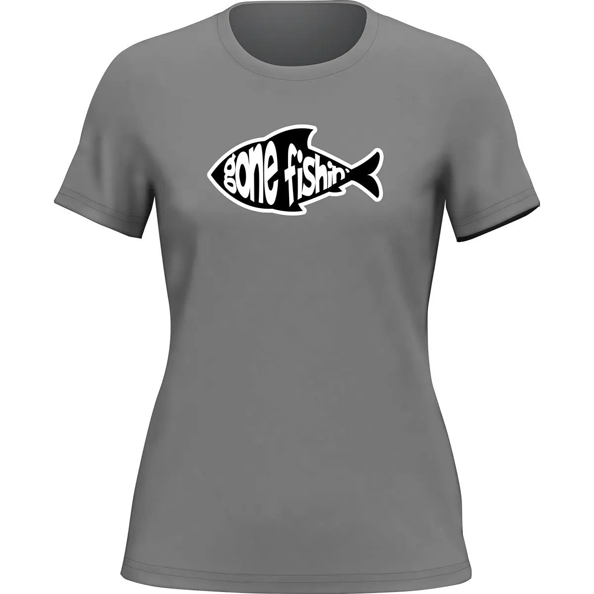 Outdoorzees Gone Fishing v3 women's T-shirt featuring fishing-themed graphic on soft cotton fabric.