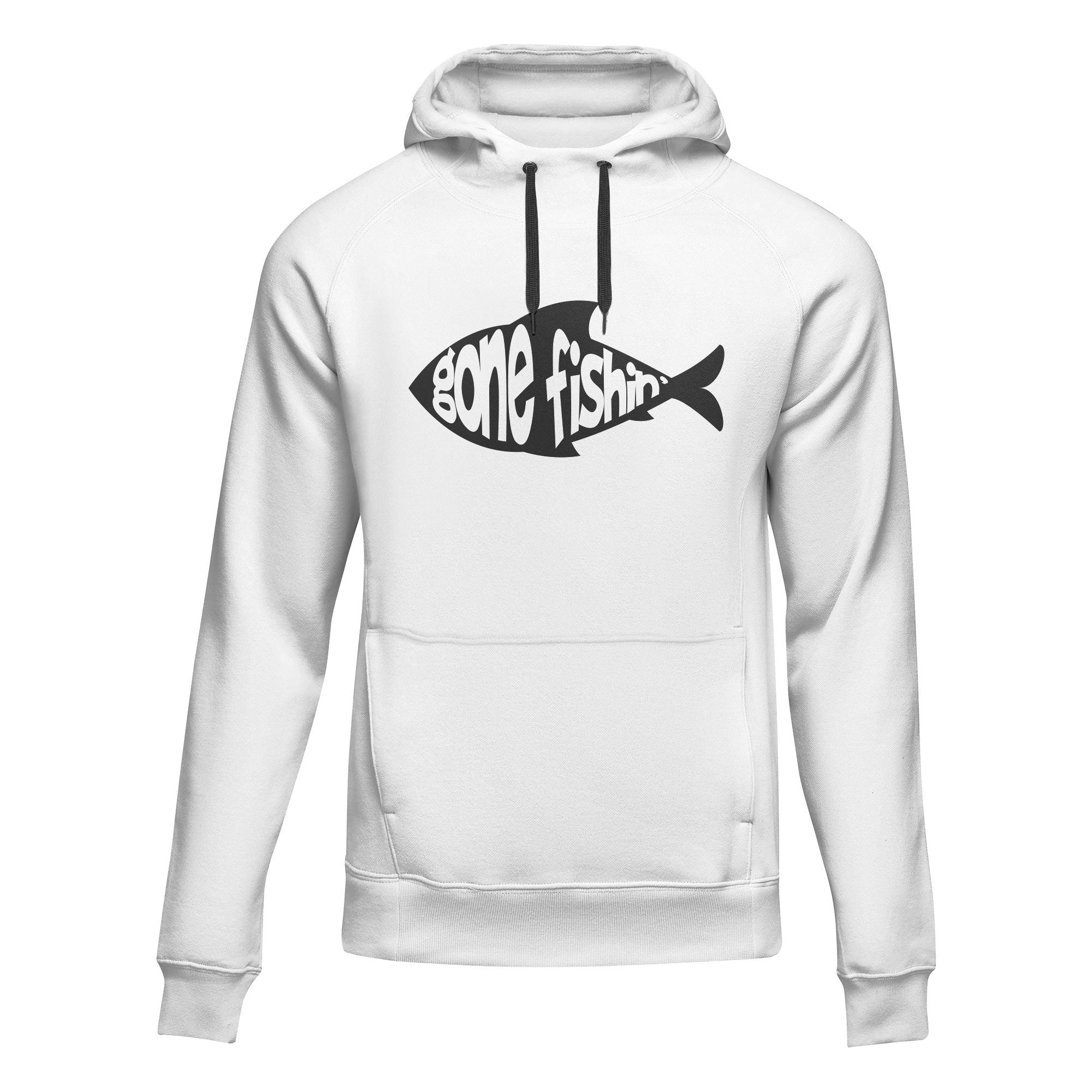 Outdoorzees Gone Fishing v3 unisex hoodie, gray with fishing-themed graphic, soft fabric, and comfortable fit.