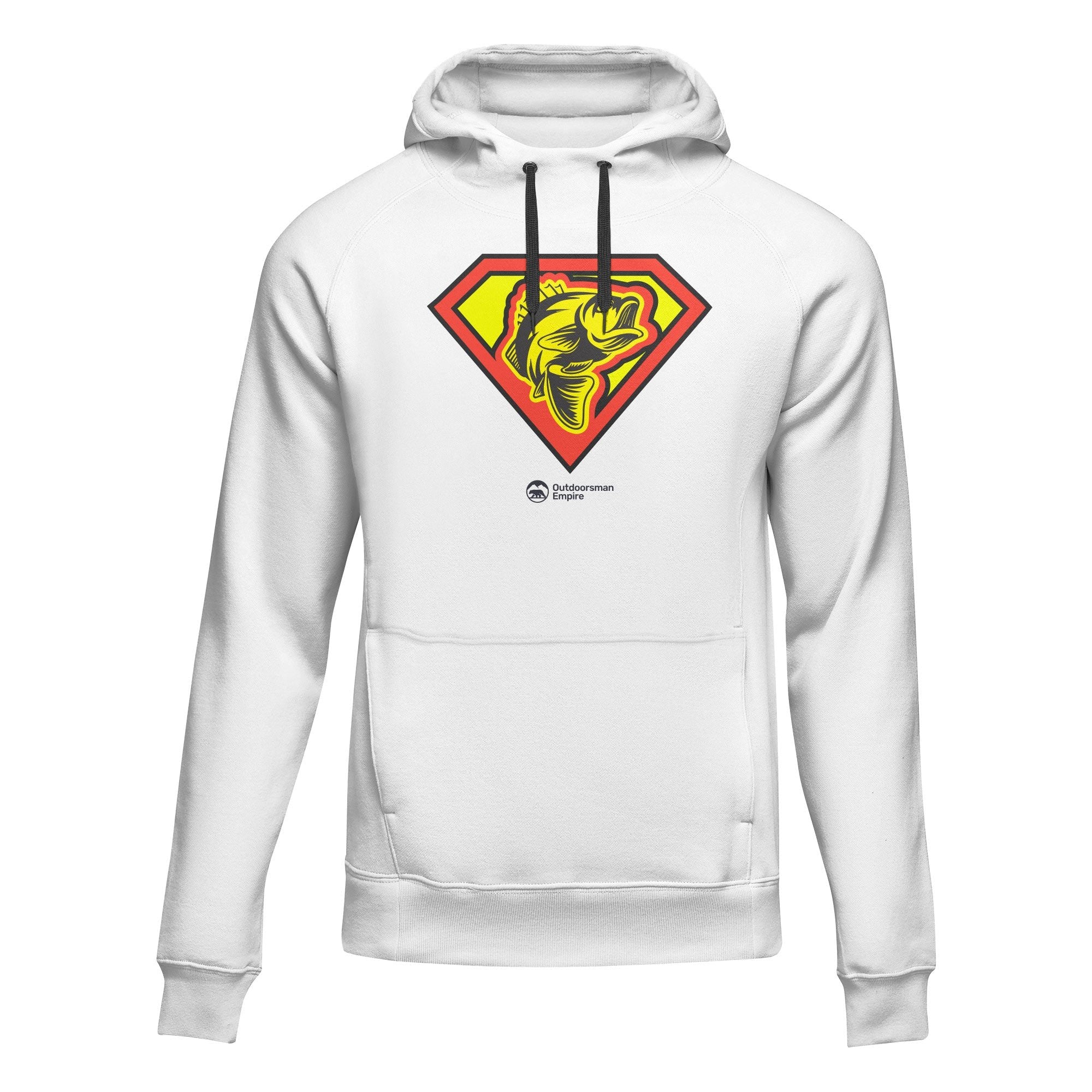 Outdoorzees Super Fishing adult fleece hoodie showing a cozy, navy blue hoodie with a fishing logo and front pocket.