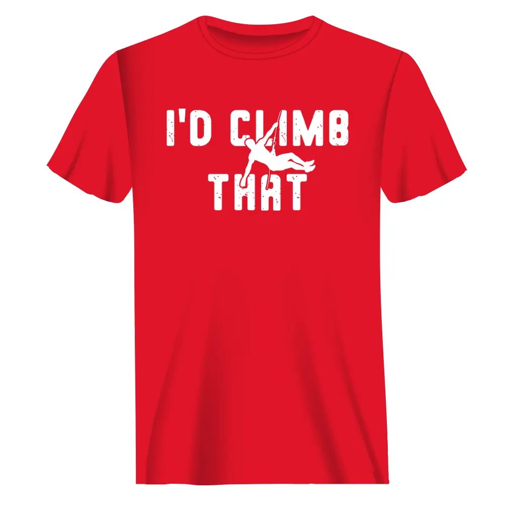 Outdoorzees Climbing I'd Climb That Man T-Shirt, casual crewneck with climbing-themed graphic in white and black.