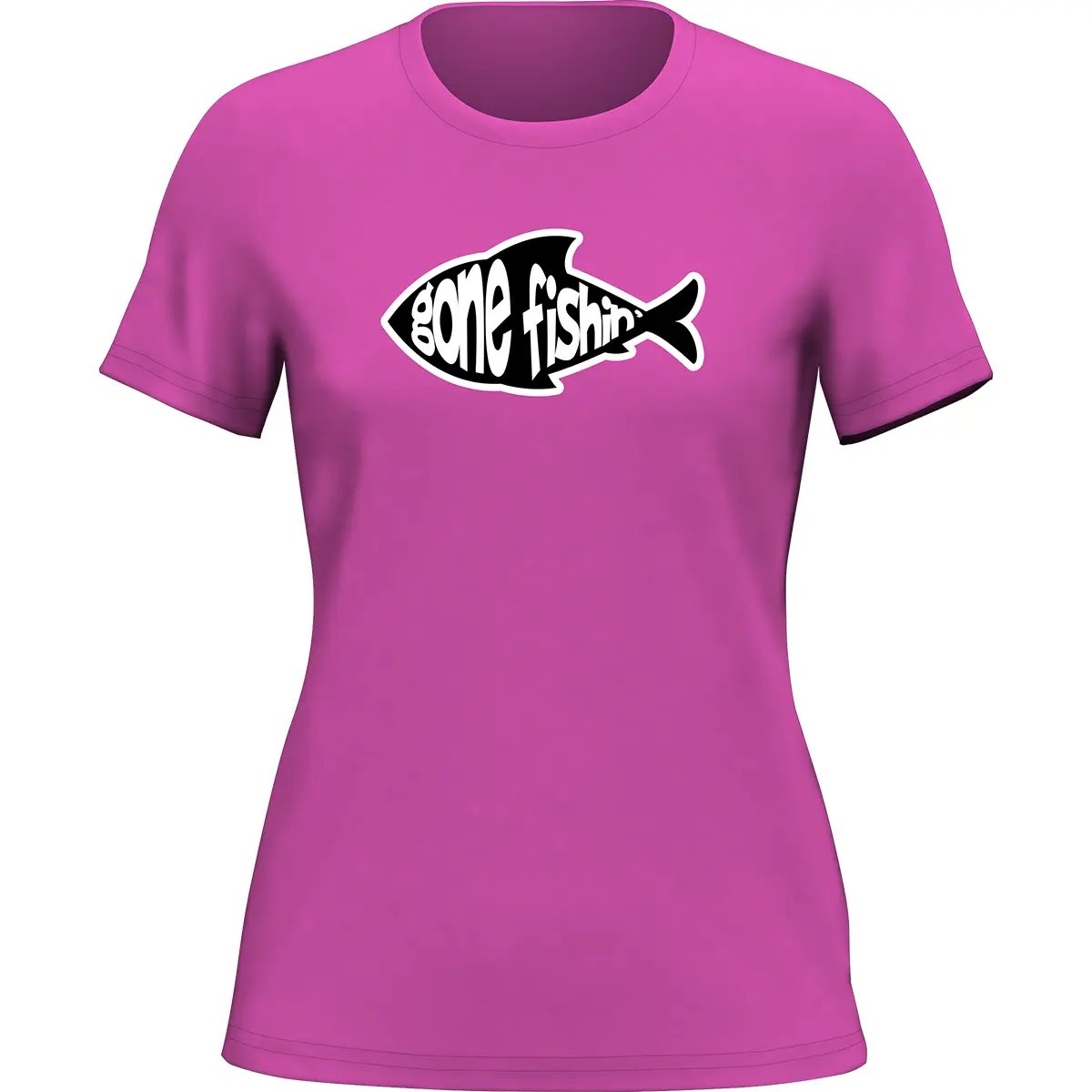 Outdoorzees Gone Fishing v3 women's T-Shirt featuring a casual fit, with a fishing-themed graphic on soft fabric.