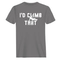 Outdoorzees Climbing 'I'd Climb That Man' T-Shirt displayed on a model, featuring casual fit and mountain-themed graphic.