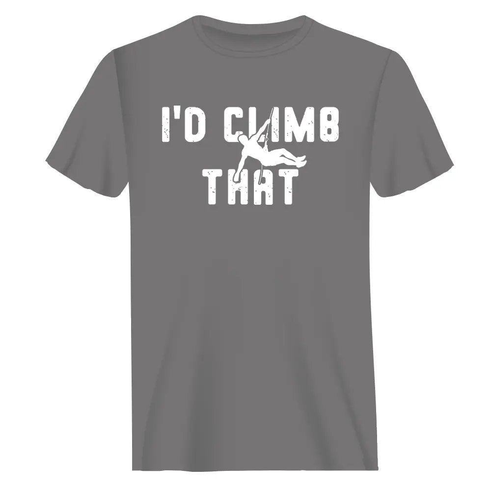 Outdoorzees Climbing 'I'd Climb That Man' T-Shirt displayed on a model, featuring casual fit and mountain-themed graphic.