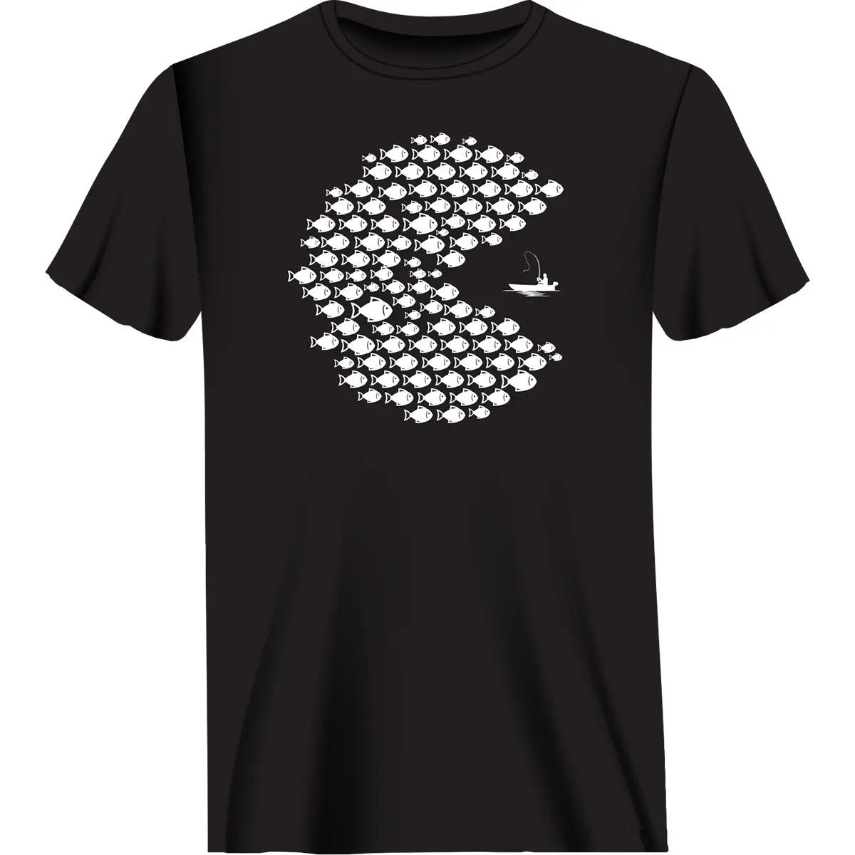 Outdoorzees fishing Pacman style T-shirt featuring a colorful Pacman character design on a casual men's T-shirt.