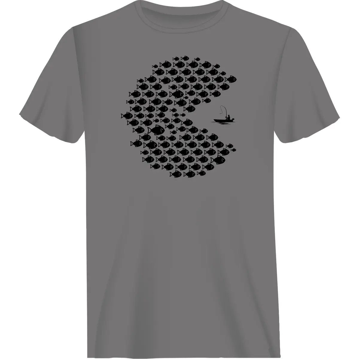 Outdoorzees fishing Pacman style T-shirt featuring a colorful Pacman graphic and fishing motifs on a comfortable casual tee.