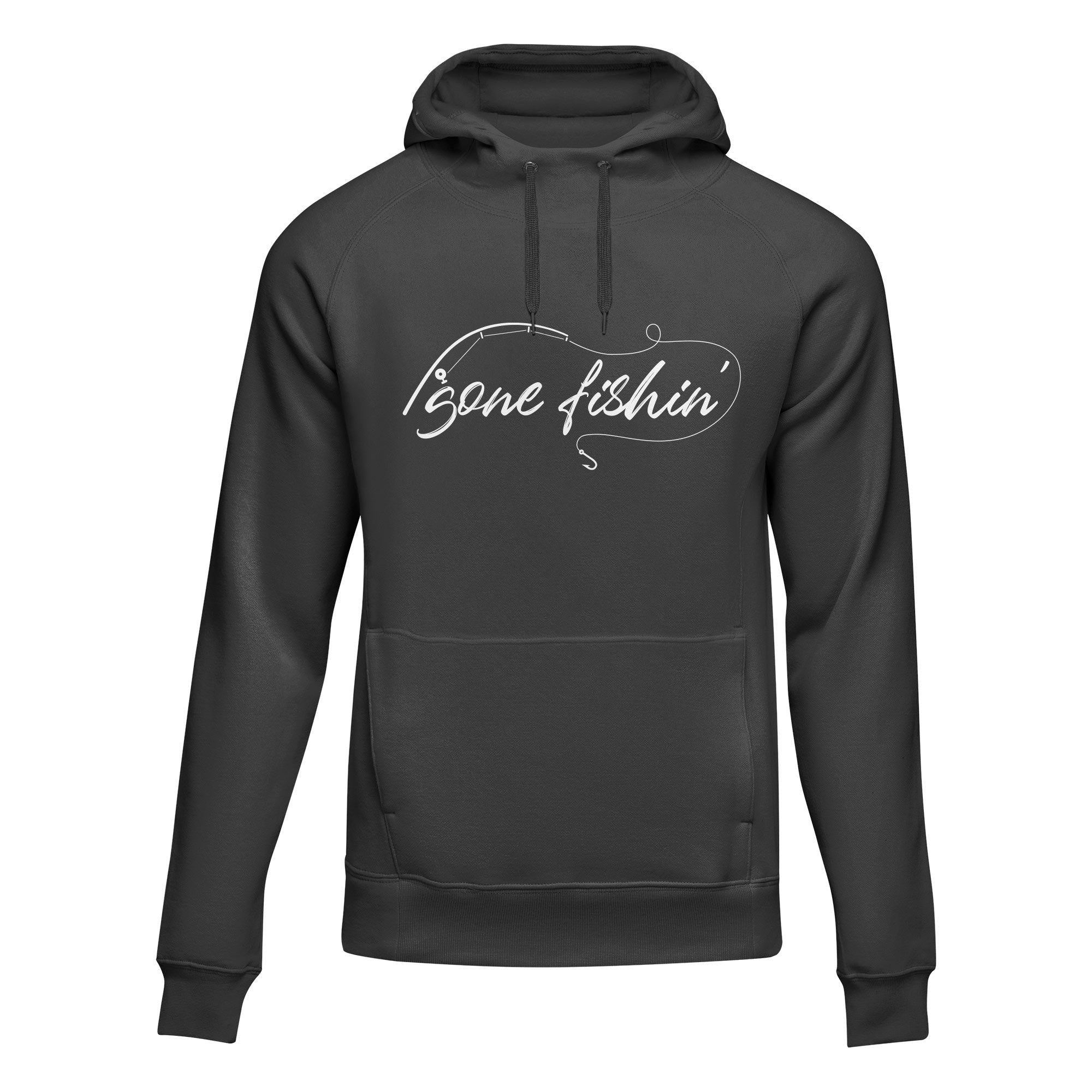 Outdoorzees Gone Fishing v2 adult fleece hoodie, gray with fishing-themed graphic, soft and warm for casual outdoor wear.