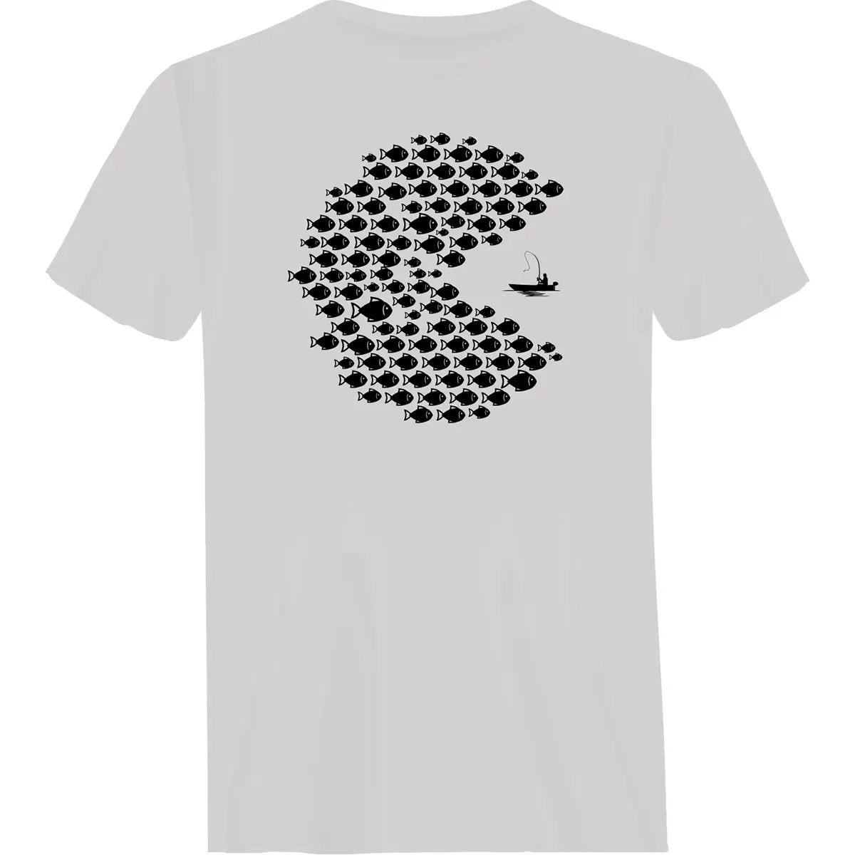 Outdoorzees fishing Pacman style T-shirt featuring a colorful, playful design on a comfortable casual shirt for men.