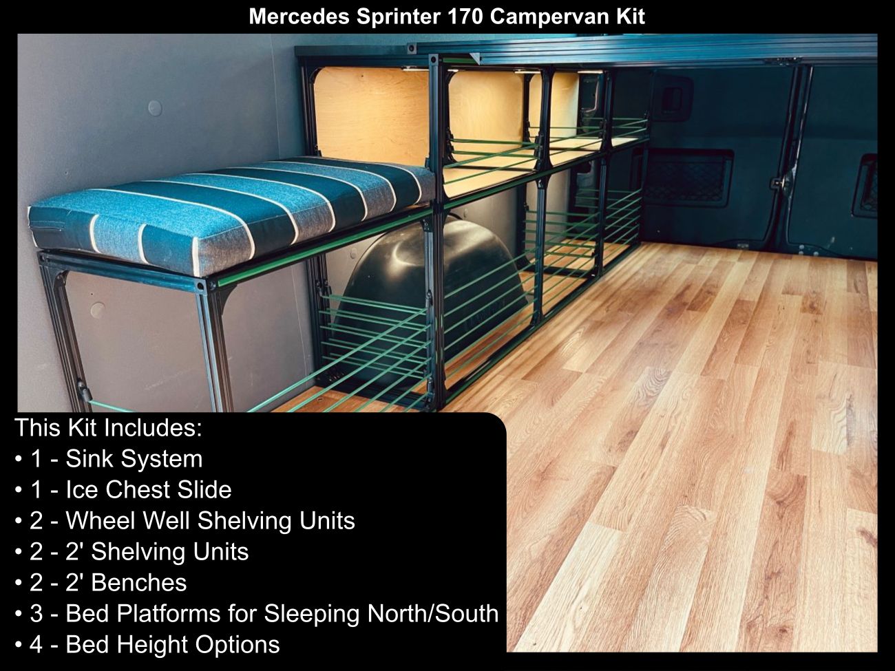 Mercedes Sprinter 170 campervan conversion DIY kit by TNTvans, showing bed and kitchen setup inside the camper van.