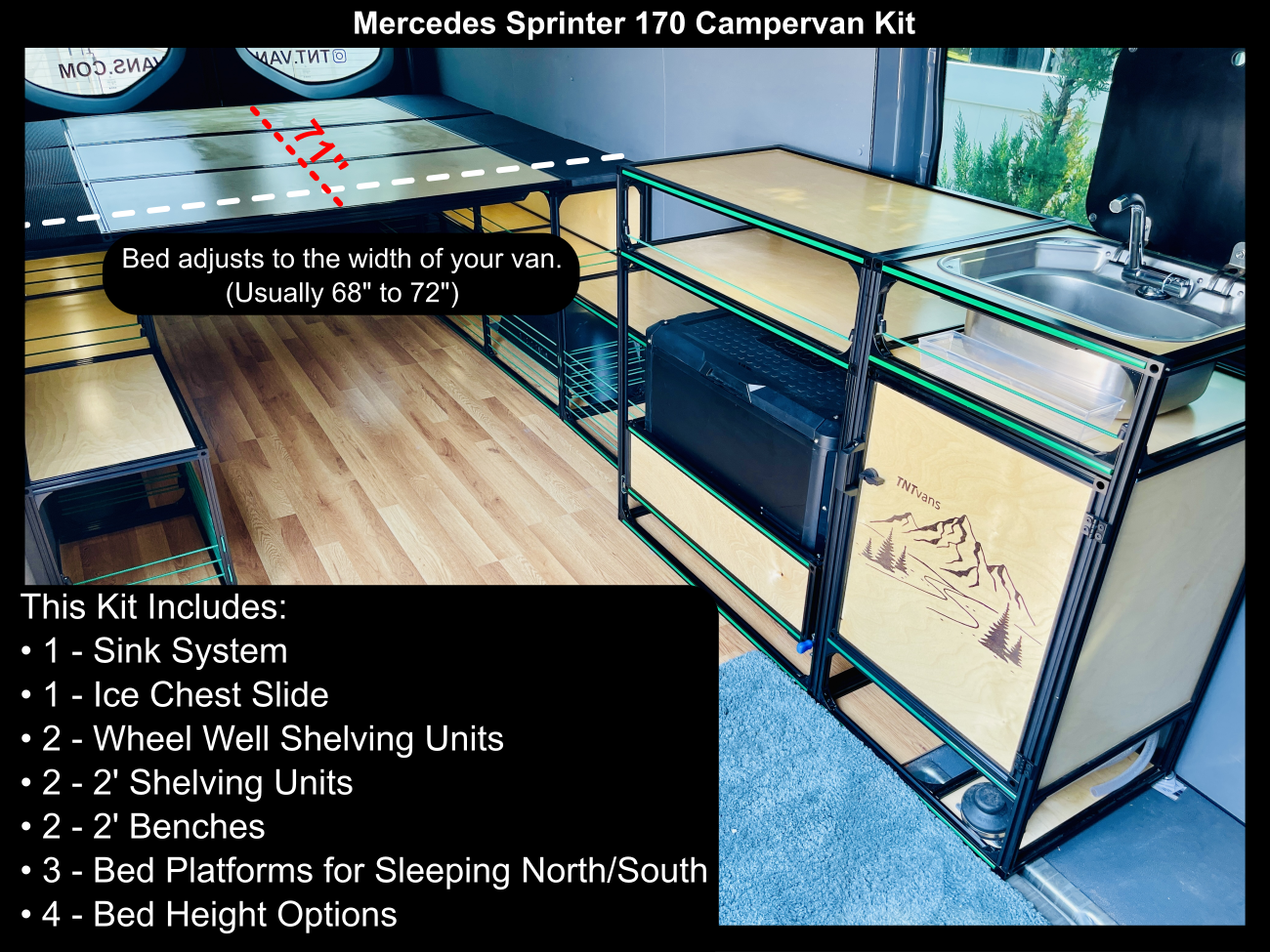 Mercedes Sprinter 170 campervan conversion kit by TNTvans, includes bed and kitchen components for DIY camper van conversion.