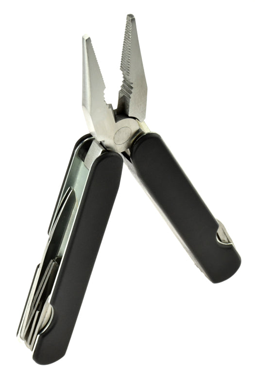 Metal 14-in-1 multifunction pocket tool by QuakeKits, ideal for backpacking and camping, featuring various survival tools.