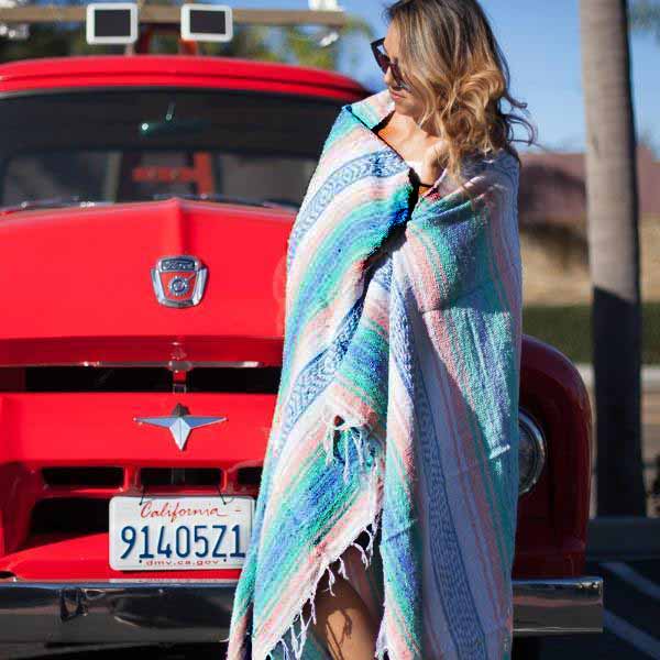 Mint, Blue & Coral Peach Mexican Falsa Blanket - OVERLANDERS Outfitter