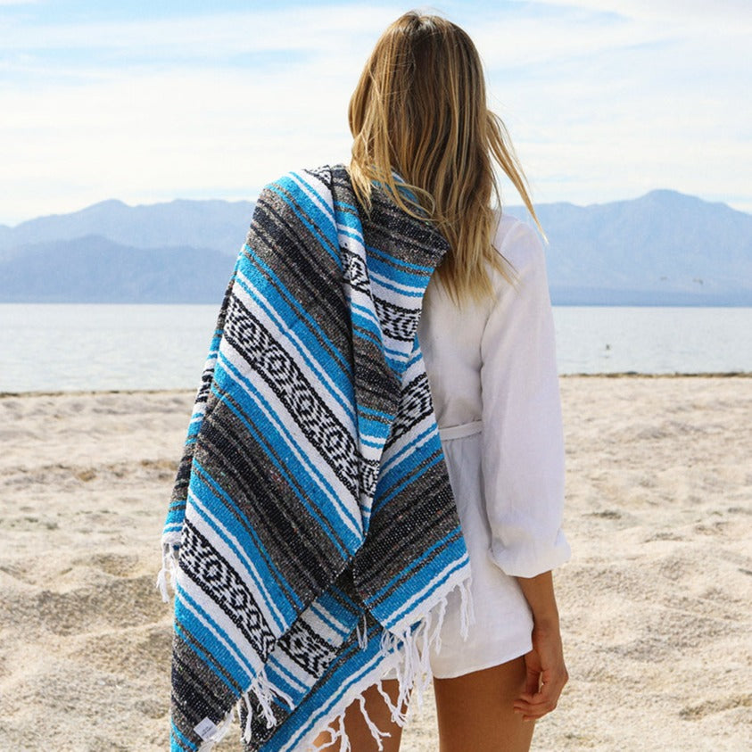 Bright Blue Mexican Falsa Blanket - OVERLANDERS Outfitter