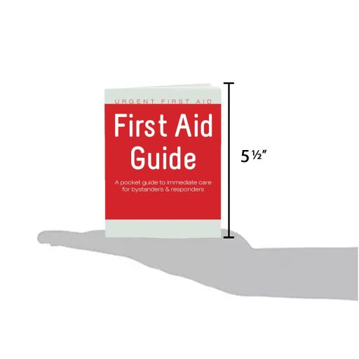 Mini first aid and AED guide from QuakeKits with 52 pages, includes CPR and emergency response instructions.