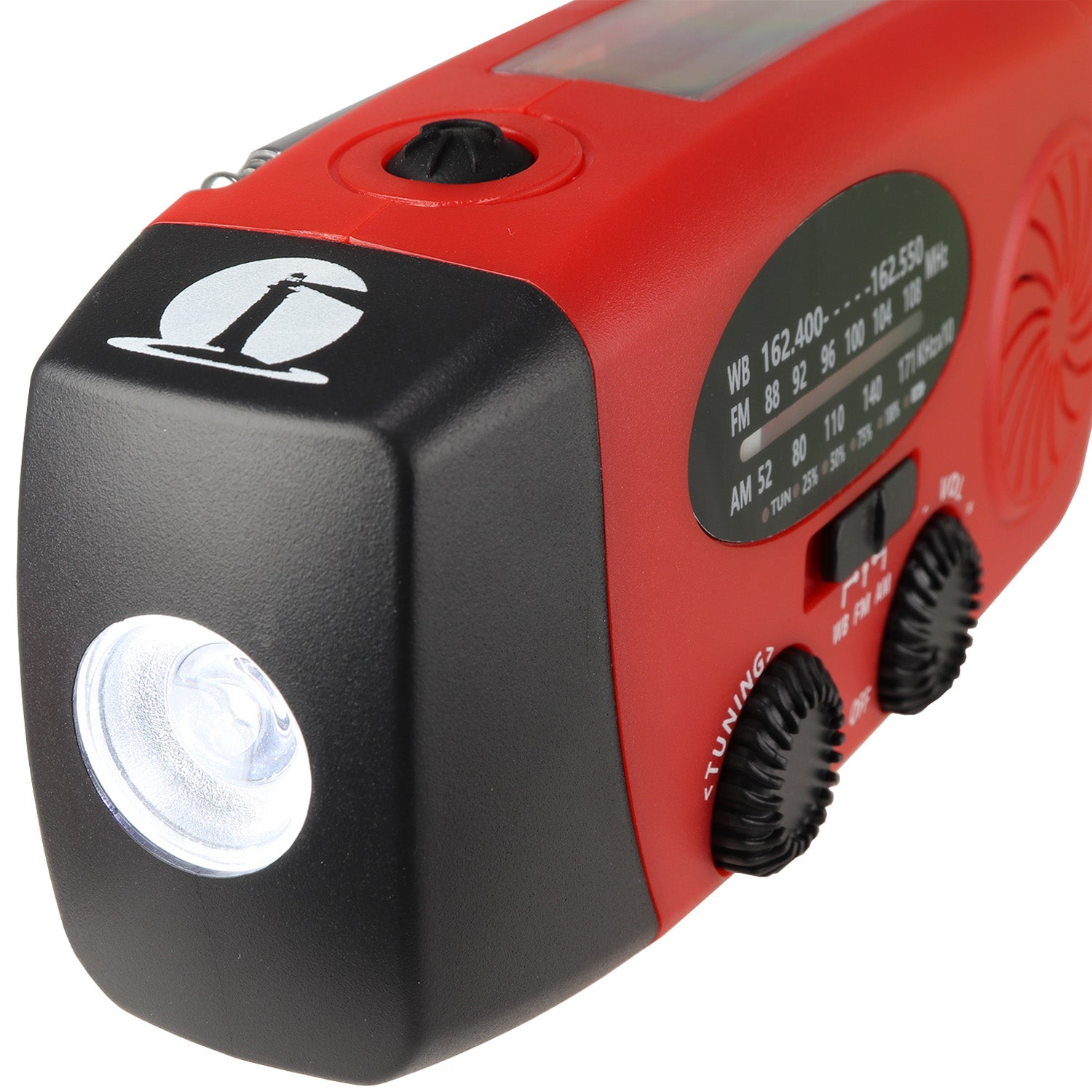 Red 4-in-1 Dynamo NOAA radio and flashlight, compact survival tool for communication and emergency lighting.
