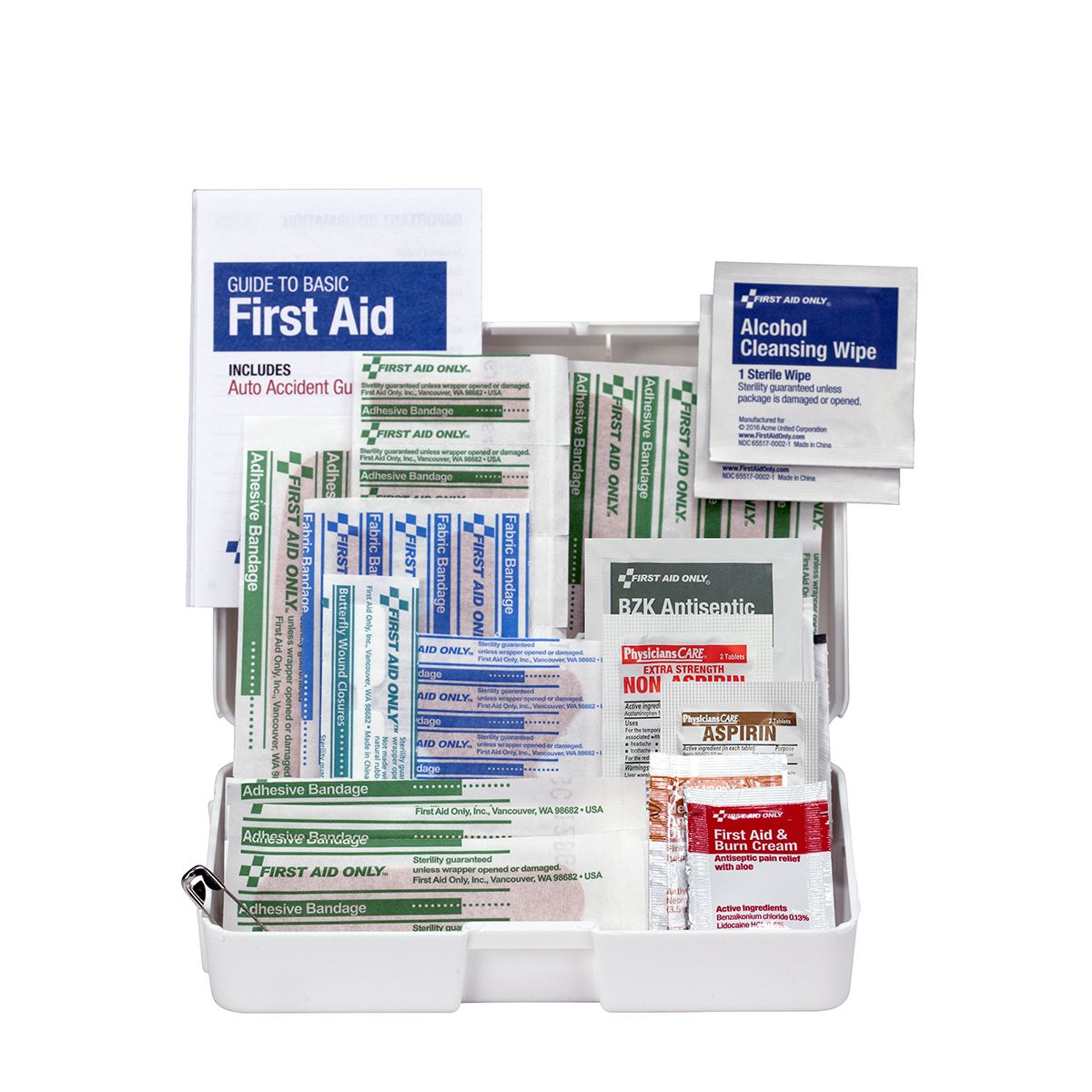 Mini first aid kit with 47 pieces from QuakeKits, including bandages, antiseptic wipes, and first aid supplies in a compact case.