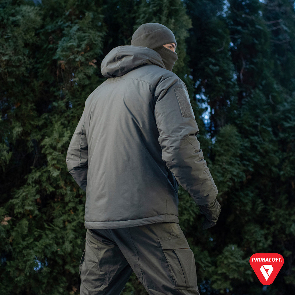 M-Tac Winter Jacket Alpha Gen.IV Pro Primaloft with insulated design, featuring a high collar and multiple pockets for outdoor warmth.