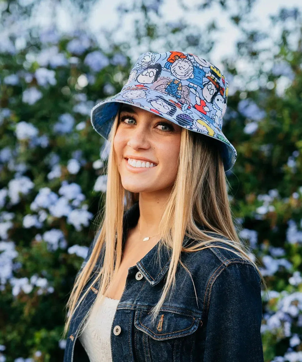 Peter Grimm Peanuts Major Characters cotton bucket hat featuring iconic Peanuts characters, perfect for casual headwear.