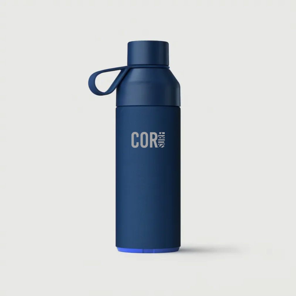 Cor Surf Ocean Bottle insulated water bottle in 17 oz or 34 oz, designed for hot or cold beverages, with sleek mockup display