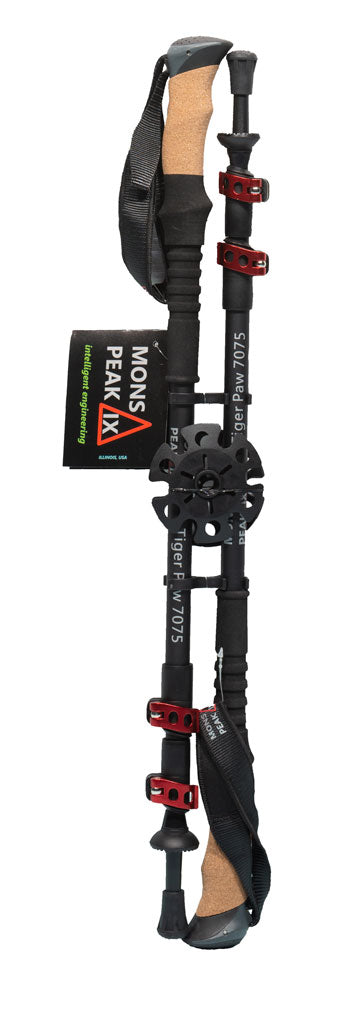 Backcountry Sportsman Tiger Paw 7075 trekking poles with ergonomic handles and adjustable aluminum shafts for hiking.