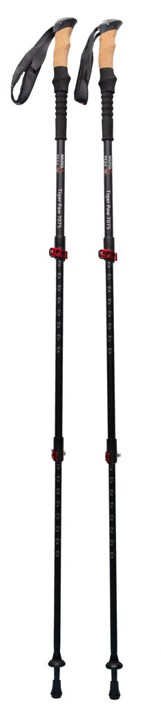 Backcountry Sportsman Tiger Paw 7075 trekking poles with ergonomic handles and adjustable shafts for hiking.