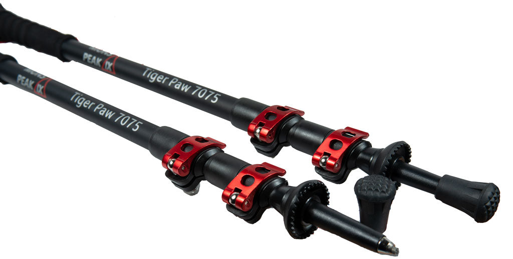 Backcountry Sportsman Tiger Paw 7075 Trekking Poles with ergonomic handles and adjustable shafts for hiking and trekking adventures.