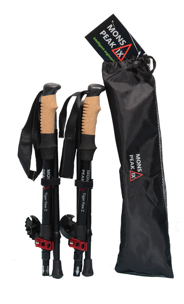 Backcountry Sportsman Tiger Paw Z Trekking Poles with adjustable shafts and ergonomic handles for hiking and trekking.
