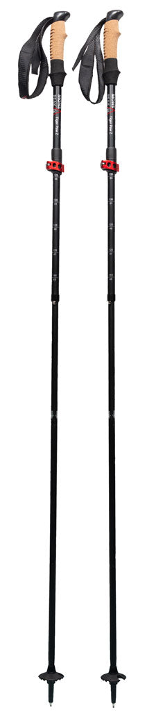 Backcountry Sportsman Tiger Paw Z Trekking Poles for hiking, with ergonomic grips and adjustable length on rugged outdoor trail.