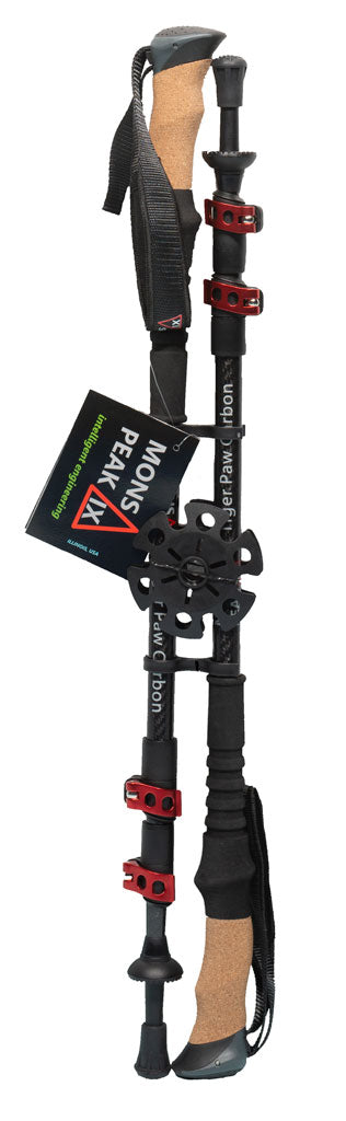 Backcountry Sportsman Tiger Paw Carbon Trekking Poles with ergonomic handles, adjustable shafts, and lightweight design for hiking.